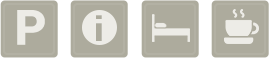 ikony parking, informacja, nocleg, kawiarnia